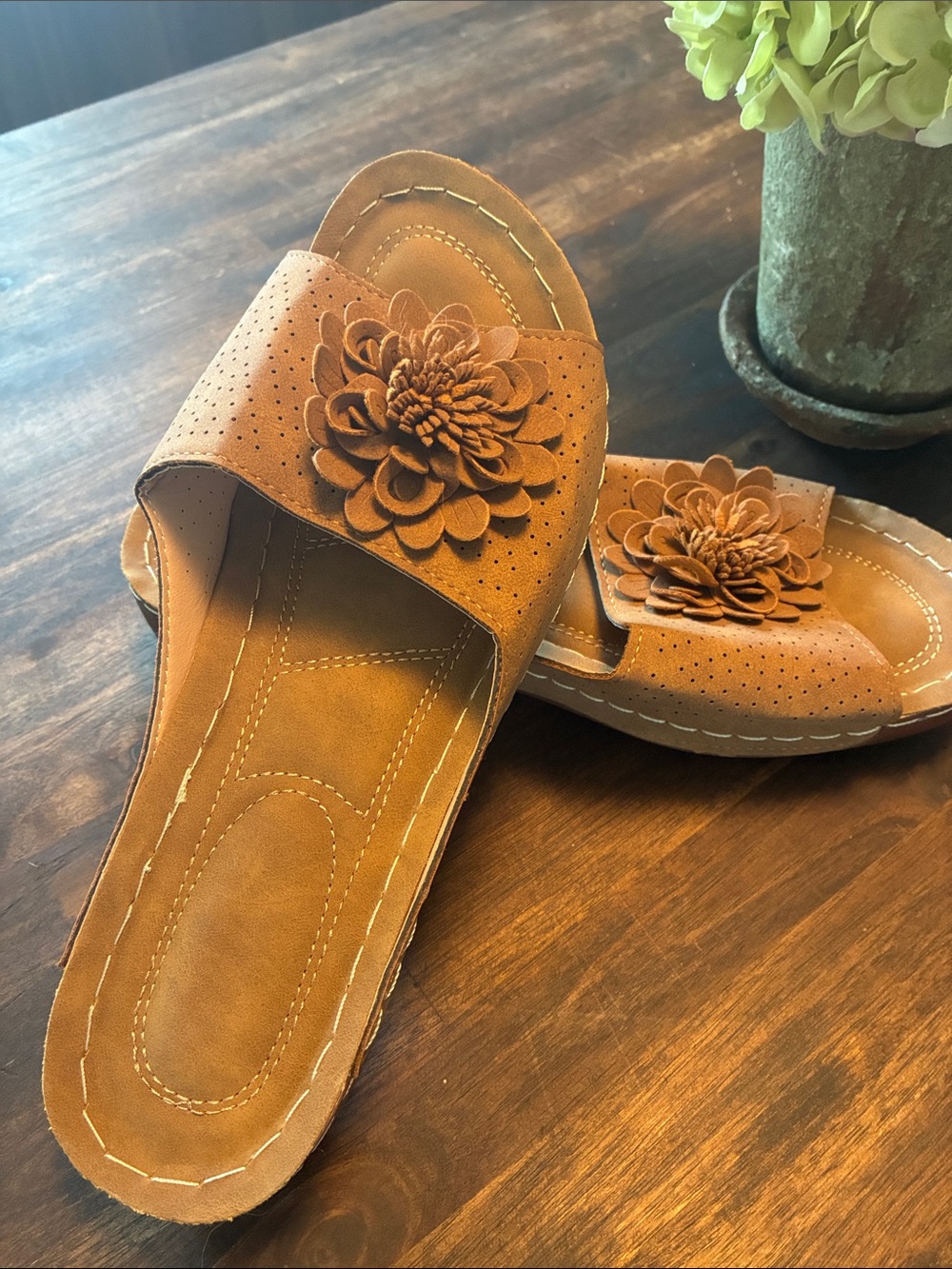 Tan Floral Leather Slide Mules with Cushioned Footbed
